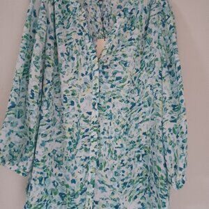 NWT NYDJ Pintuck Blouse L Skyrock Blu Green Watercolor Print Lg Sleeve Nordstrom